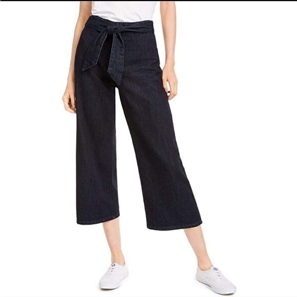 OAT New York Wide Leg Mid Rise Tie Waist Dark Rinse Jeans Size 25 - Picture 1 of 11